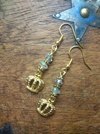 Image 3 of Vintage Crystal Golden Crown Earrings, Pierced or Clip On