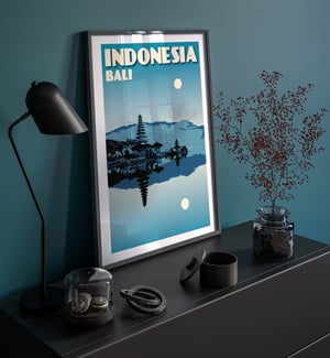 Image of Vintage poster Indonesia - Bali - Pura Ulun Danu Bratan - Blue - Fine Art Print