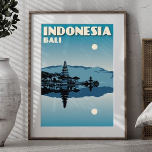 Image of Vintage poster Indonesia - Bali - Pura Ulun Danu Bratan - Blue - Fine Art Print