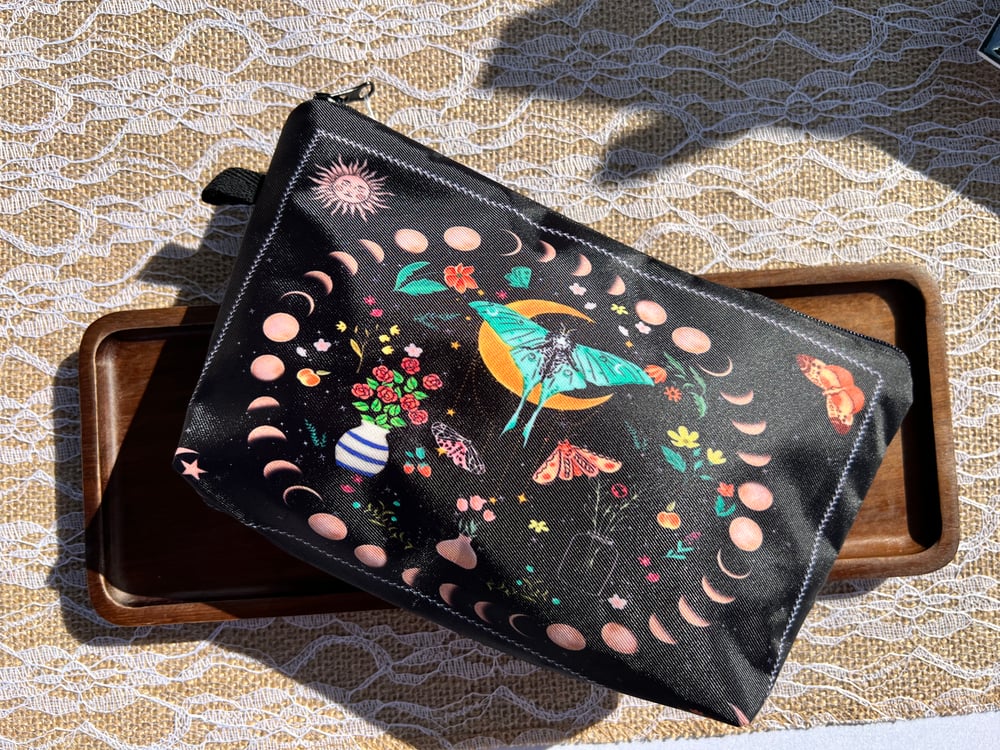 Image of Luna Moth and Moon Phases Floral Trinket and Makeup Travel Bag