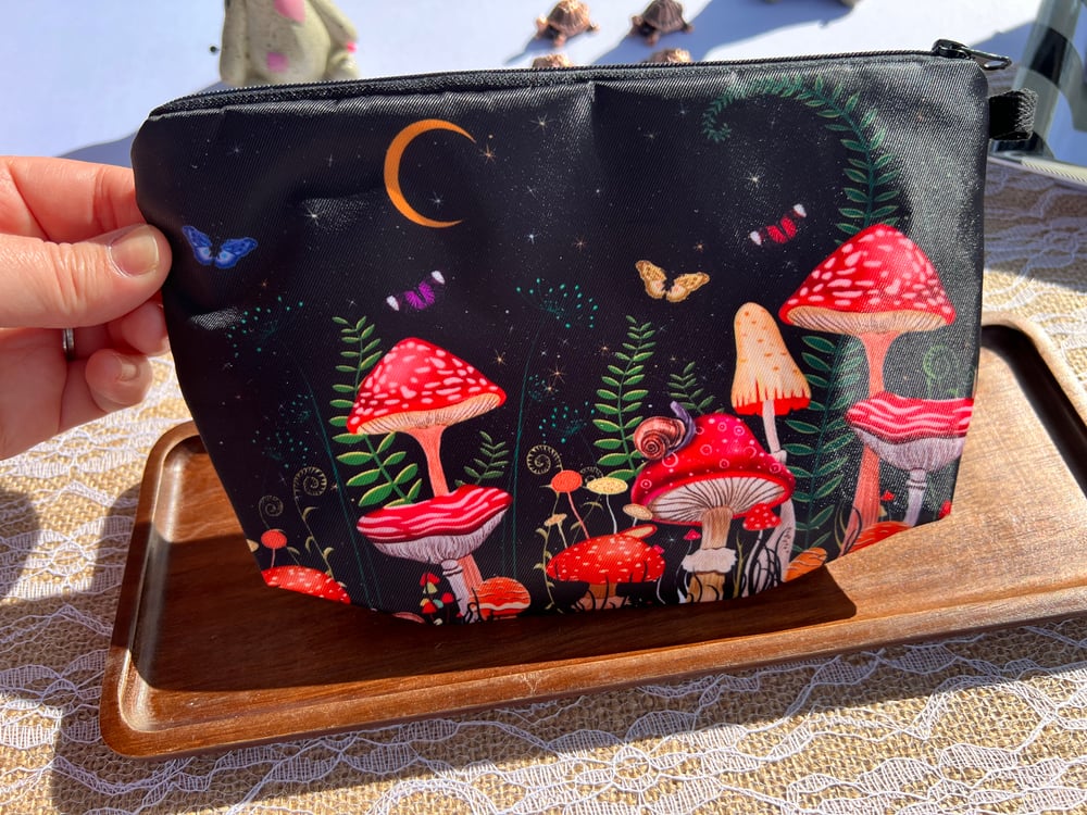Image of Mushroom and Butterfly Cottagecore Travel Makeup and Trinket Bag