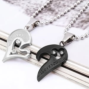 I Love You Matching Heart Stainless Steel Necklace Two Piece Set