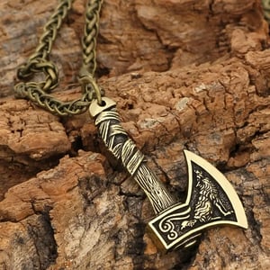 Retro Viking Celtic Wolf Double Sided Axe Pendant Necklace