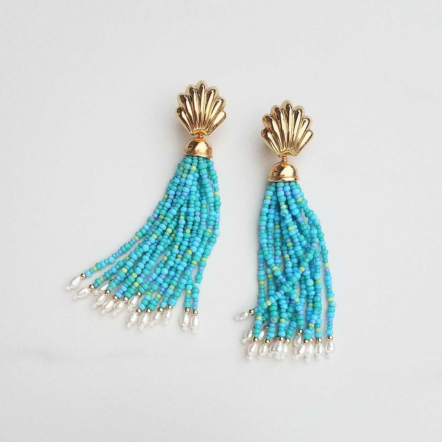 Vintage Shell & Turquoise Tassel Earrings