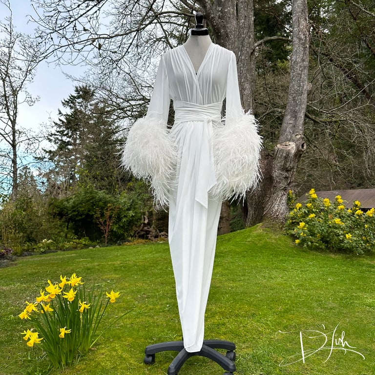 White Sheer Selene Ostrich Dressing Gown
