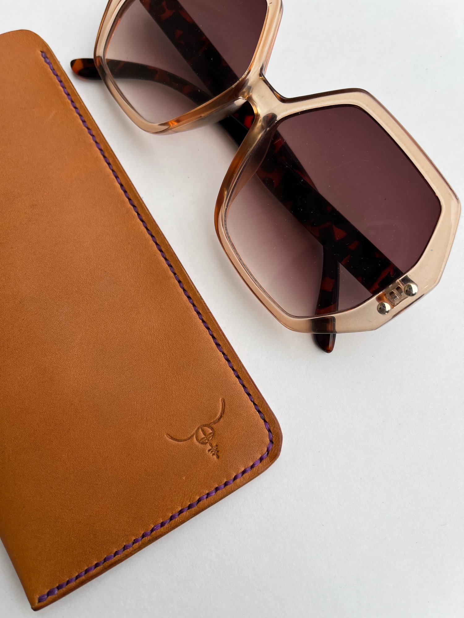 Image of Tan Italian Vachetta Sunglasses Case (Neon Lavender)