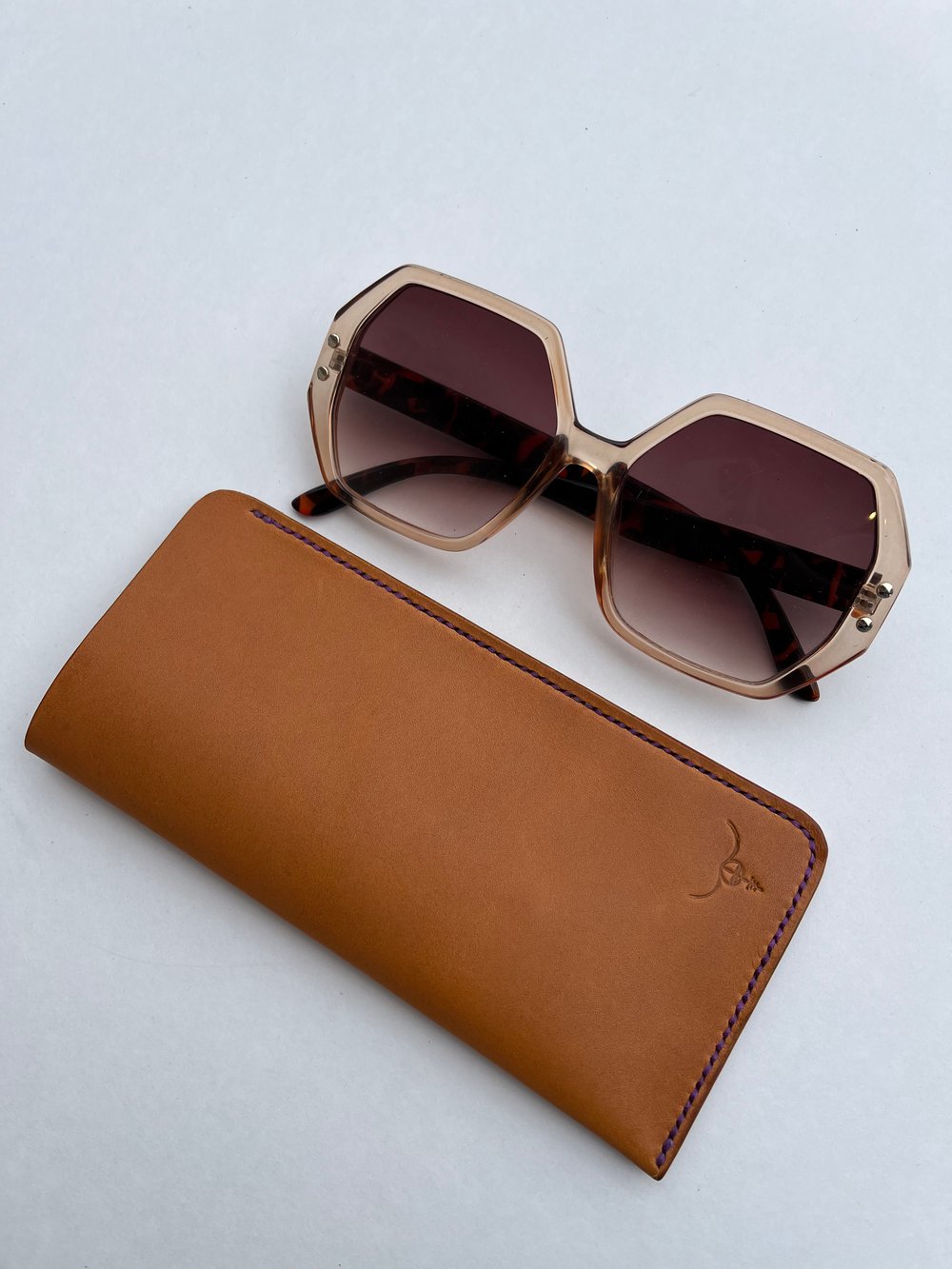 Image of Tan Italian Vachetta Sunglasses Case (Neon Lavender)