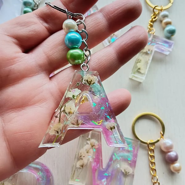 Image of Spring Resin Letter Keychain art collection with pearl charm