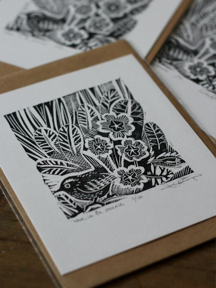 Image of Wren in the primrose limited edition linocut 8x10cm