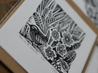 Image 2 of Wren in the primrose limited edition linocut 8x10cm
