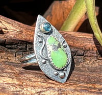 Image 2 of Modernist Textured Silver Ring ~ Green Hubei Turquoise and Blue Kyanite Ring