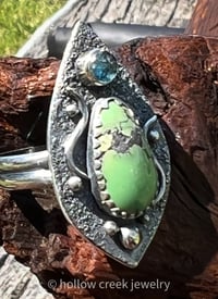 Image 4 of Modernist Textured Silver Ring ~ Green Hubei Turquoise and Blue Kyanite Ring