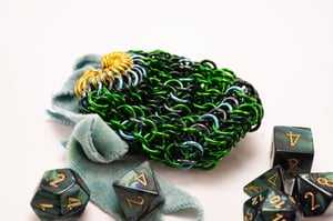 Made-to-Order - Green Chainmail Dice Bag with Naturally Dyed Bamboo Velour Tie