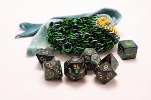 Made-to-Order - Green Chainmail Dice Bag with Naturally Dyed Bamboo Velour Tie