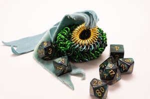 Made-to-Order - Green Chainmail Dice Bag with Naturally Dyed Bamboo Velour Tie