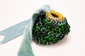 Made-to-Order - Green Chainmail Dice Bag with Naturally Dyed Bamboo Velour Tie
