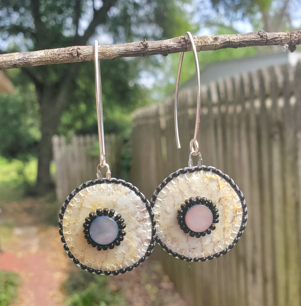 Image of Aleut Salmon Skin Earrings with Shell Centers