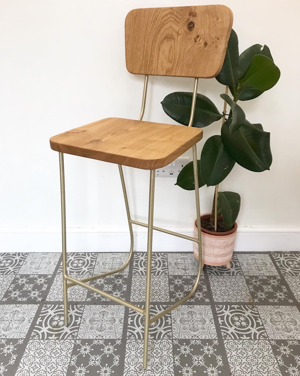 Solid oak gold Bar Stool with backrest
