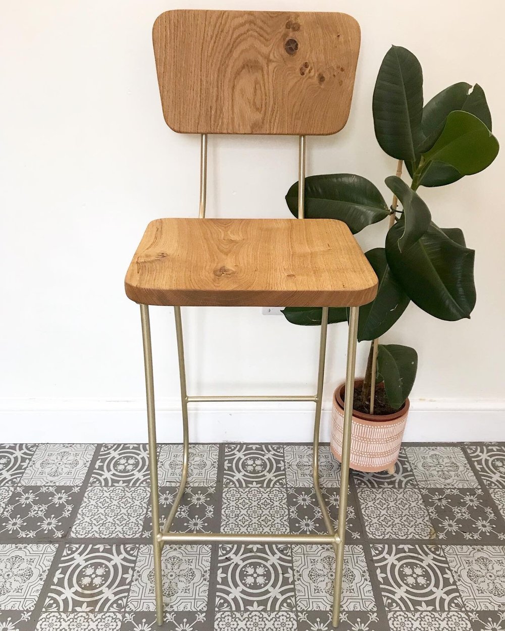 Solid oak gold Bar Stool with backrest