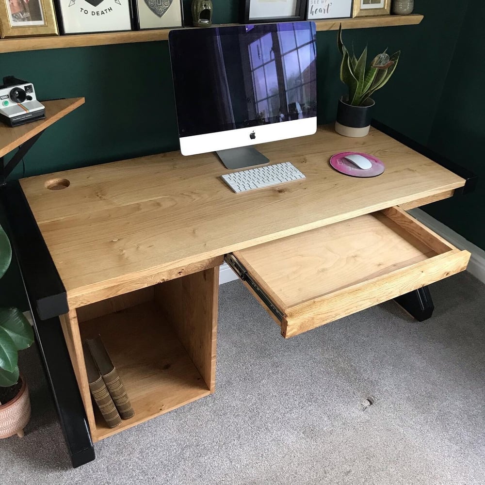 Industrial style Z frame solid oak soft close hidden drawer desk