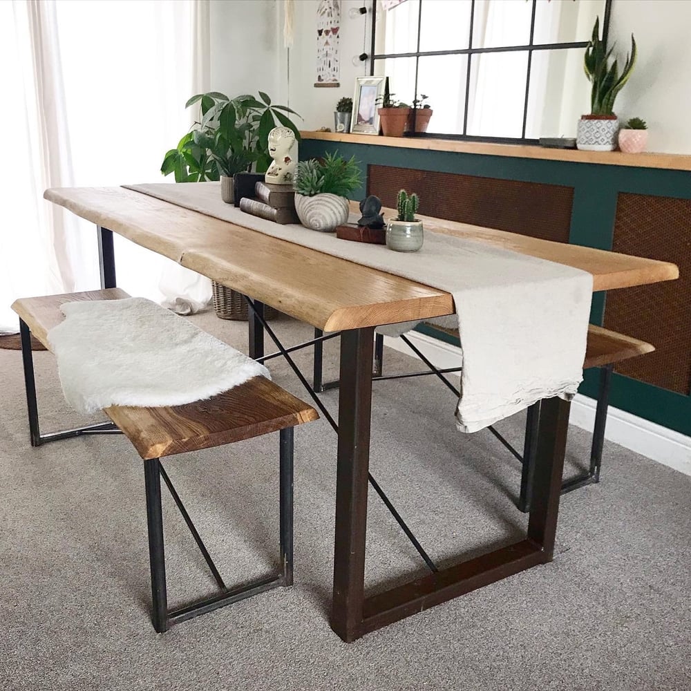 Solid live edge oak table and 2 matching benches