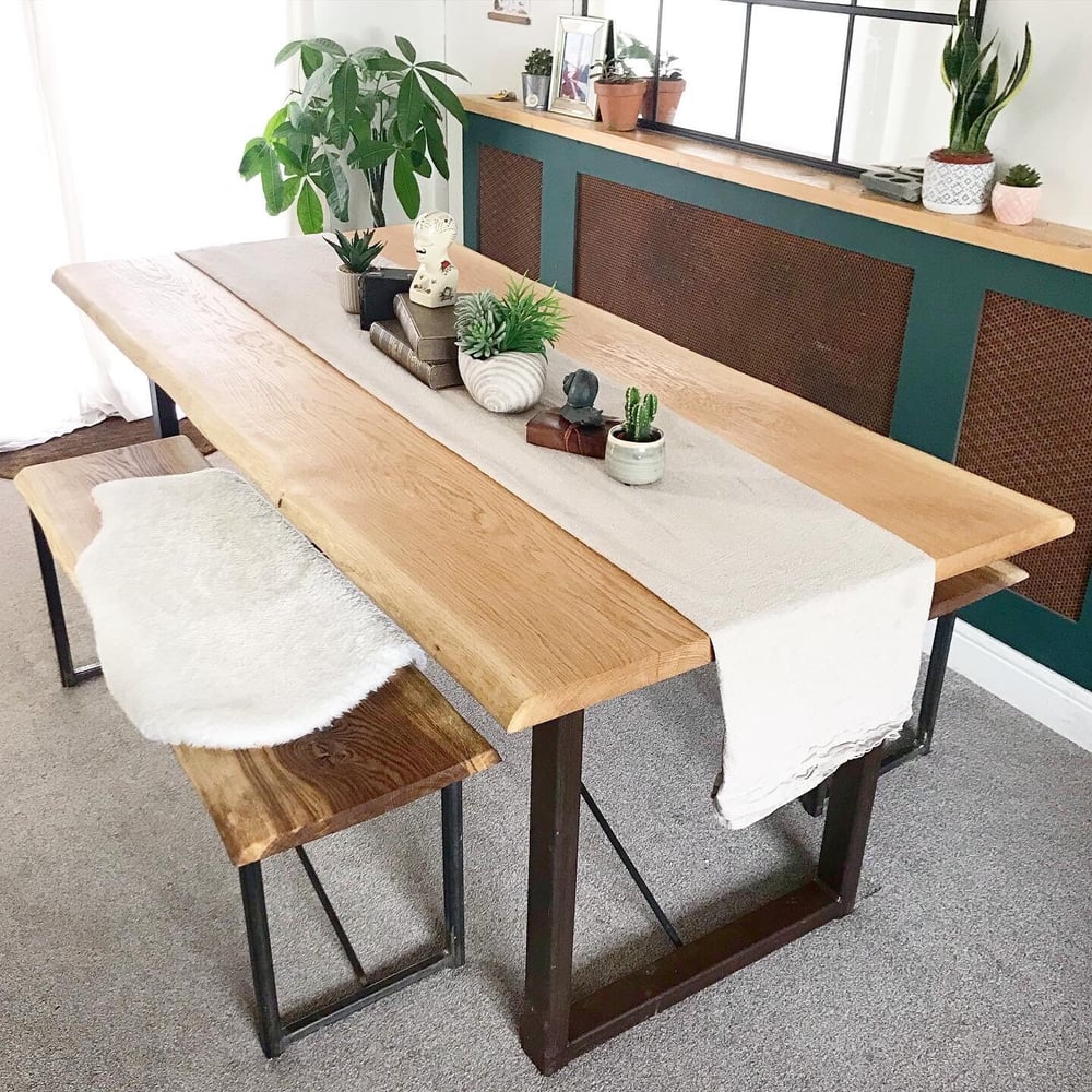 Solid live edge oak table and 2 matching benches