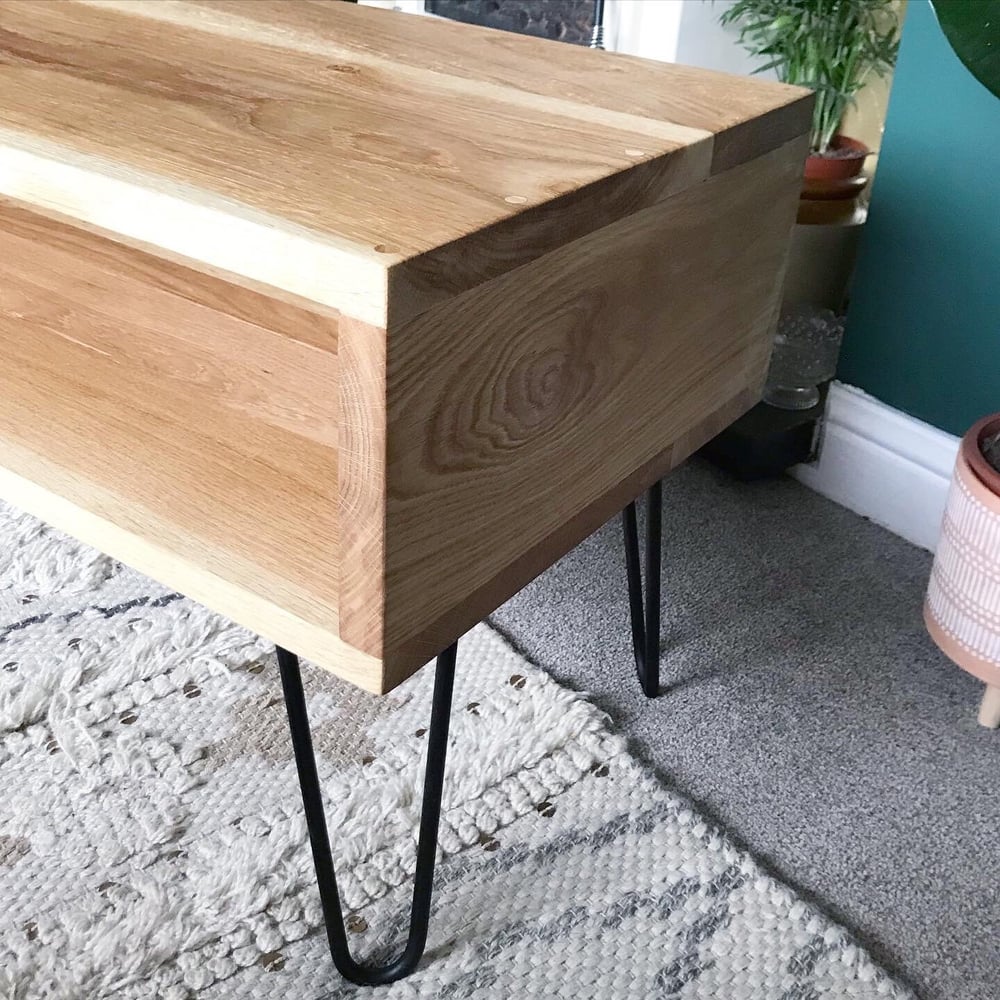 Solid oak TV media stand on hair pin legs