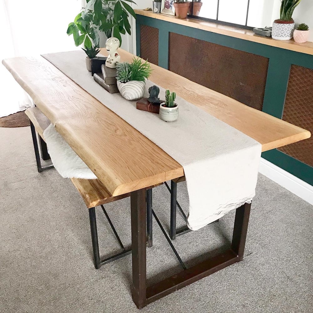 Solid live edge oak table and 2 matching benches