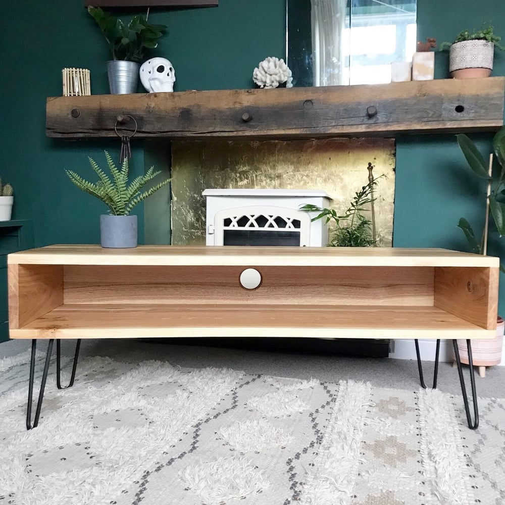 Solid oak TV media stand on hair pin legs
