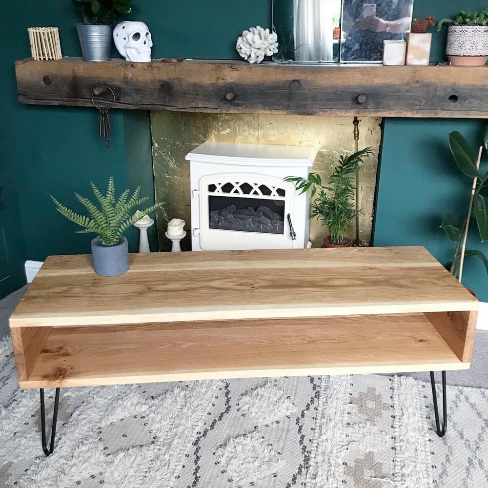 Solid oak TV media stand on hair pin legs