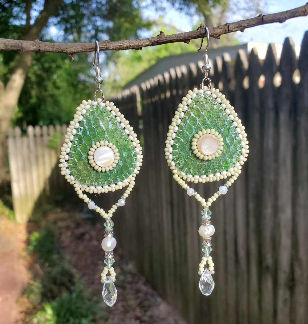 Image of Aleut Green with Envy Salmon Skin Beaded Earrings