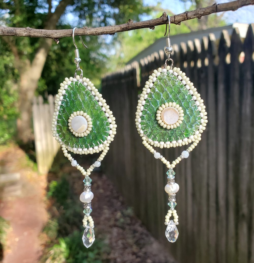 Image of Aleut Green with Envy Salmon Skin Beaded Earrings