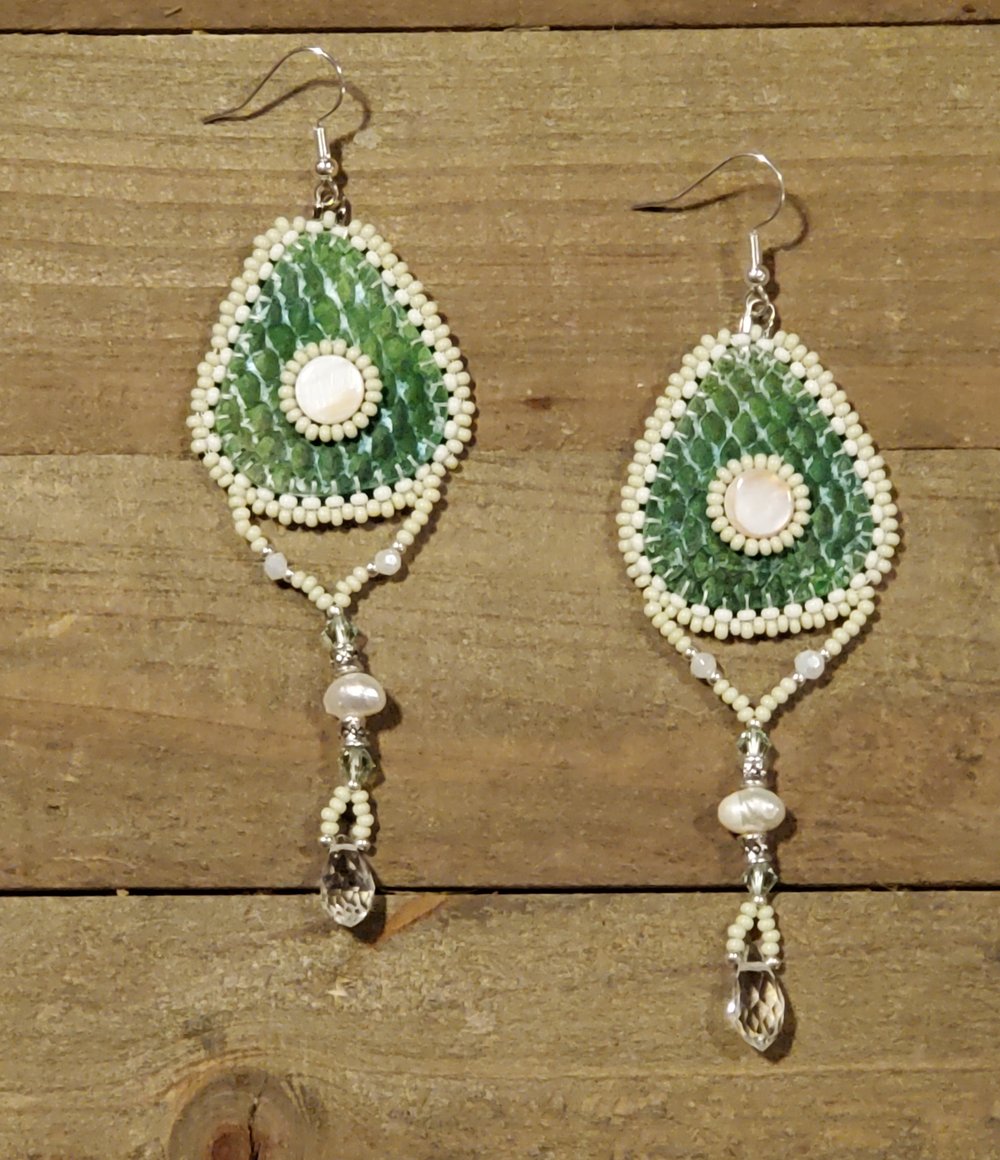 Image of Aleut Green with Envy Salmon Skin Beaded Earrings