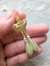Image 2 of Art Nouveau Glass Pearl Teardrop & Crystal Golden Earrings Pierced or Clip On