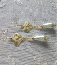 Image 5 of Art Nouveau Glass Pearl Teardrop & Crystal Golden Earrings Pierced or Clip On