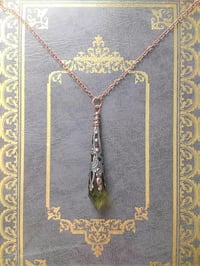 Image 2 of Medieval Pointed Pendulum Necklace on 18" Chain, Olive & Antique Copper