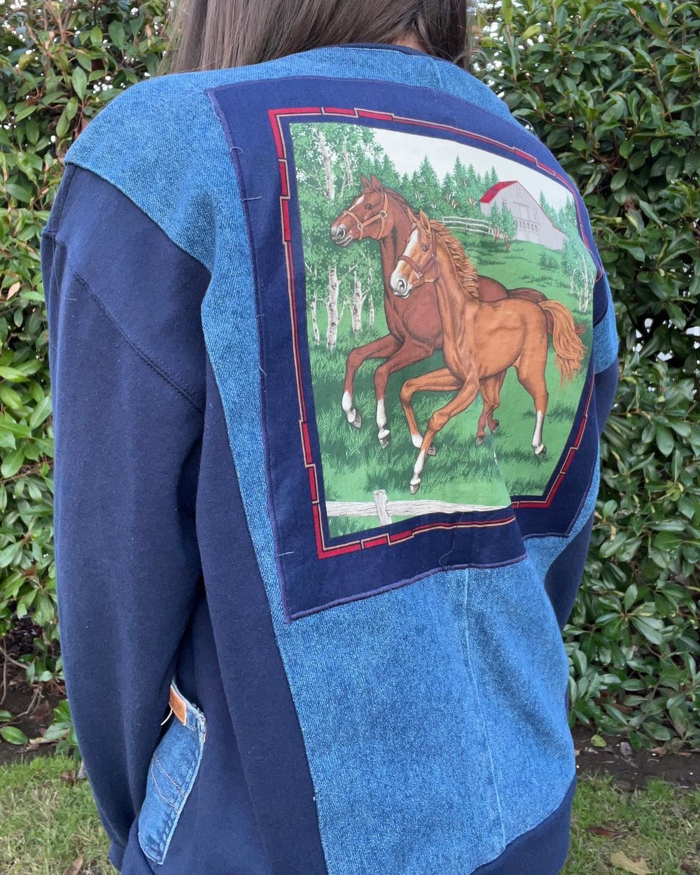 Vintage DIY Horse Denim/Sweatshirt Jacket (L)