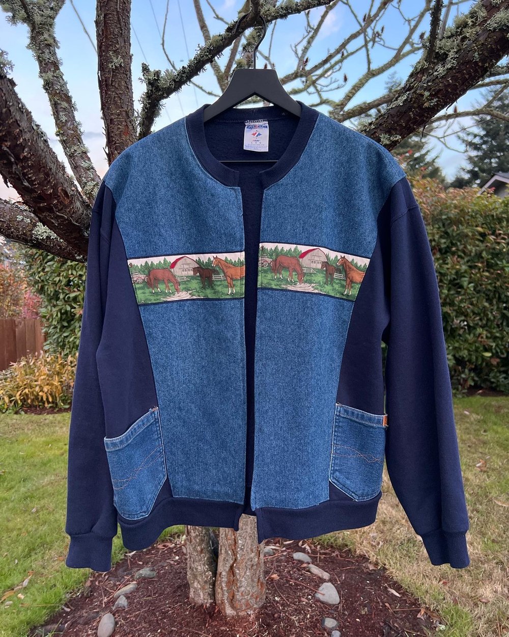 Vintage DIY Horse Denim/Sweatshirt Jacket (L)