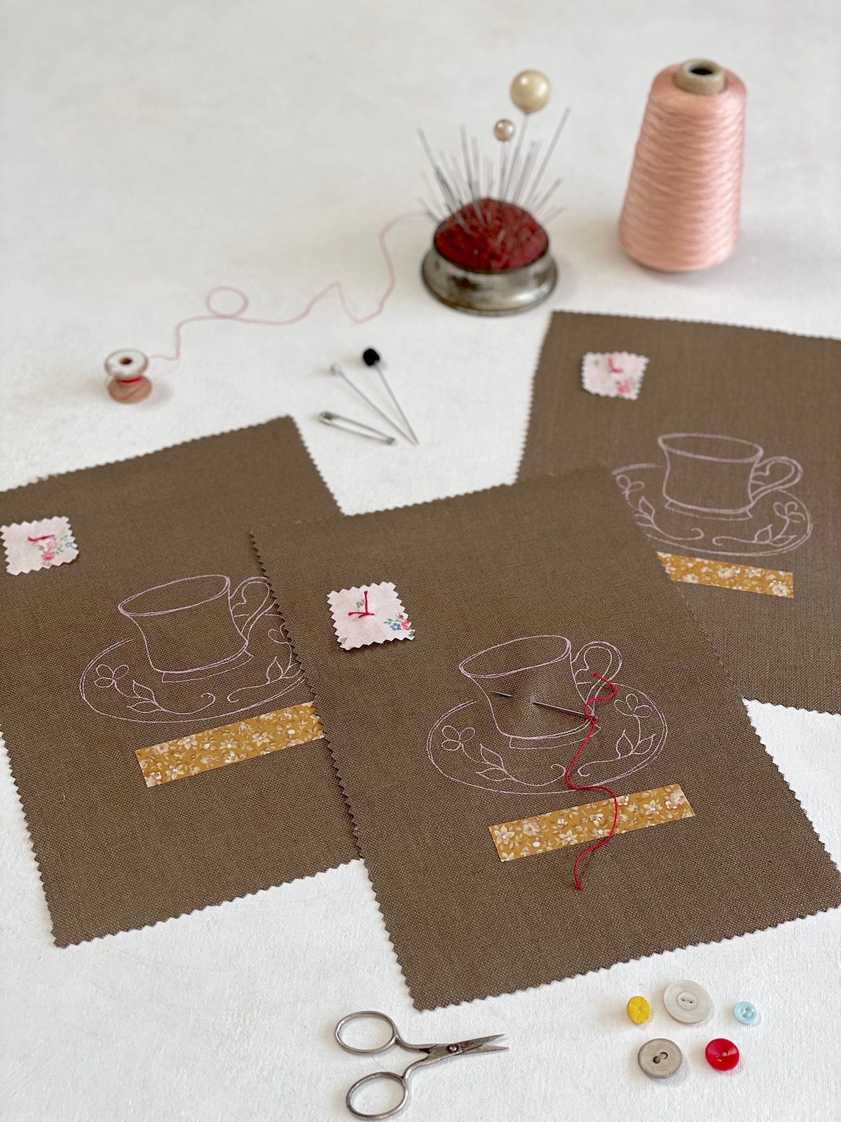 Image of Dusky Pink Tea Cups (Embroidery Project)