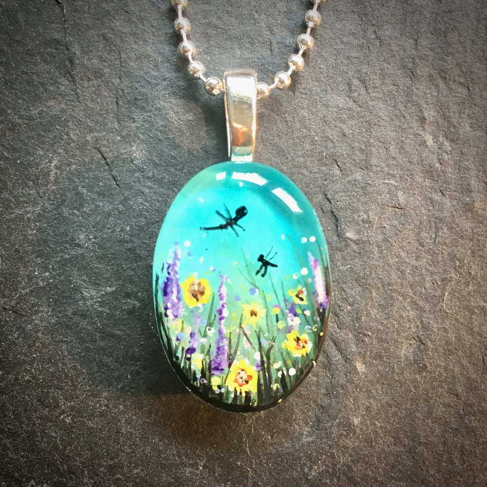 Summer Meadow with Sunflowers Hand Painted Resin Mini Pendant