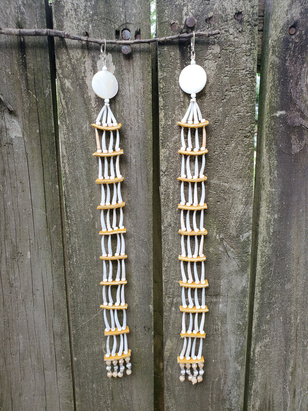 Image of Aleut XL 13"+ Dentalium Earrings w/ Hand-cut Moosehide