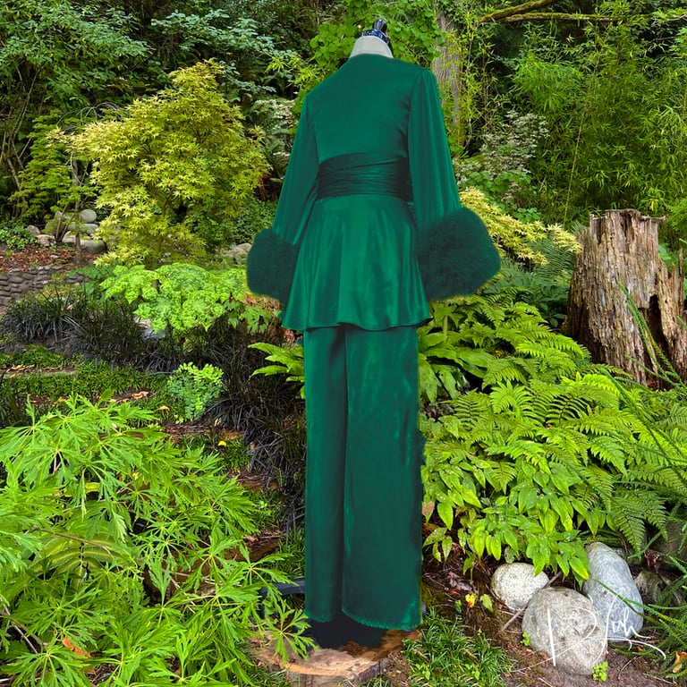 Deep Green Beverly Lounge Suit w/ Marabou Cuffs Image 3
