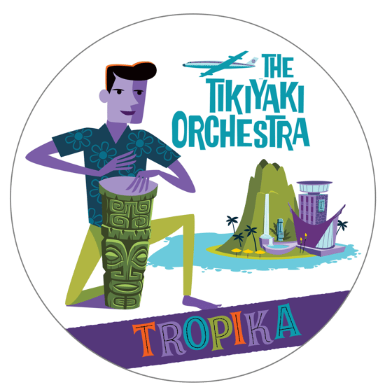 Image of TIKIYAKI ORCHESTRA "TROPIKA" Sticker (4"X4") with custom logo art by SHAG