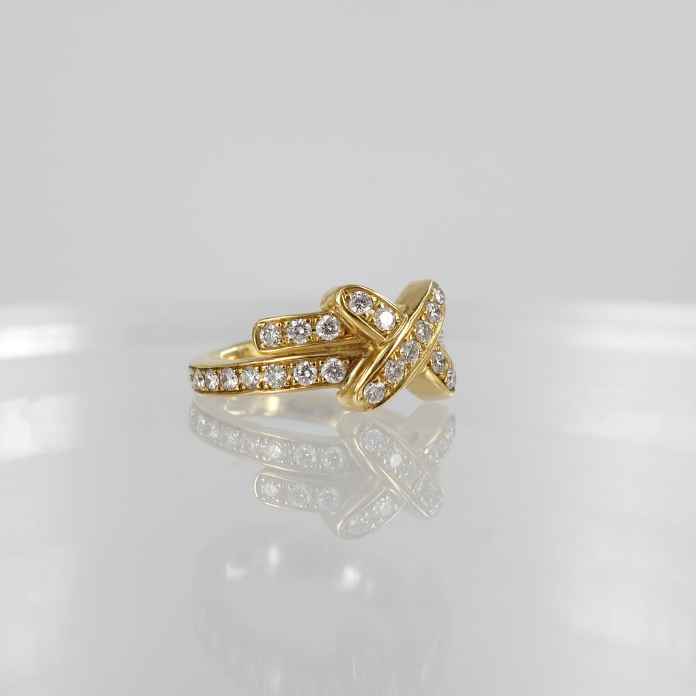 Image of 18ct yellow gold diamond set cross ring. PJ4901