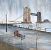 London's Tower Bridge in the Rain Painting 40x40cm 