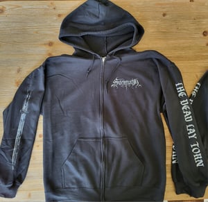 Image of Grebbeberg zip up hoodie. Black, grey print.  Gildan heavy