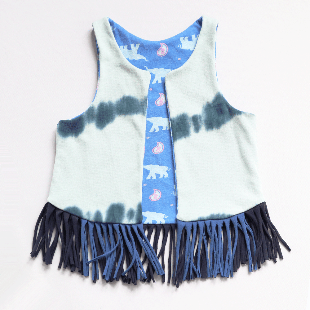 Image of tiedye tie dye dyed blues sweatshirt elephant paisley 6/7 courtneycourtney open layer fringe vest