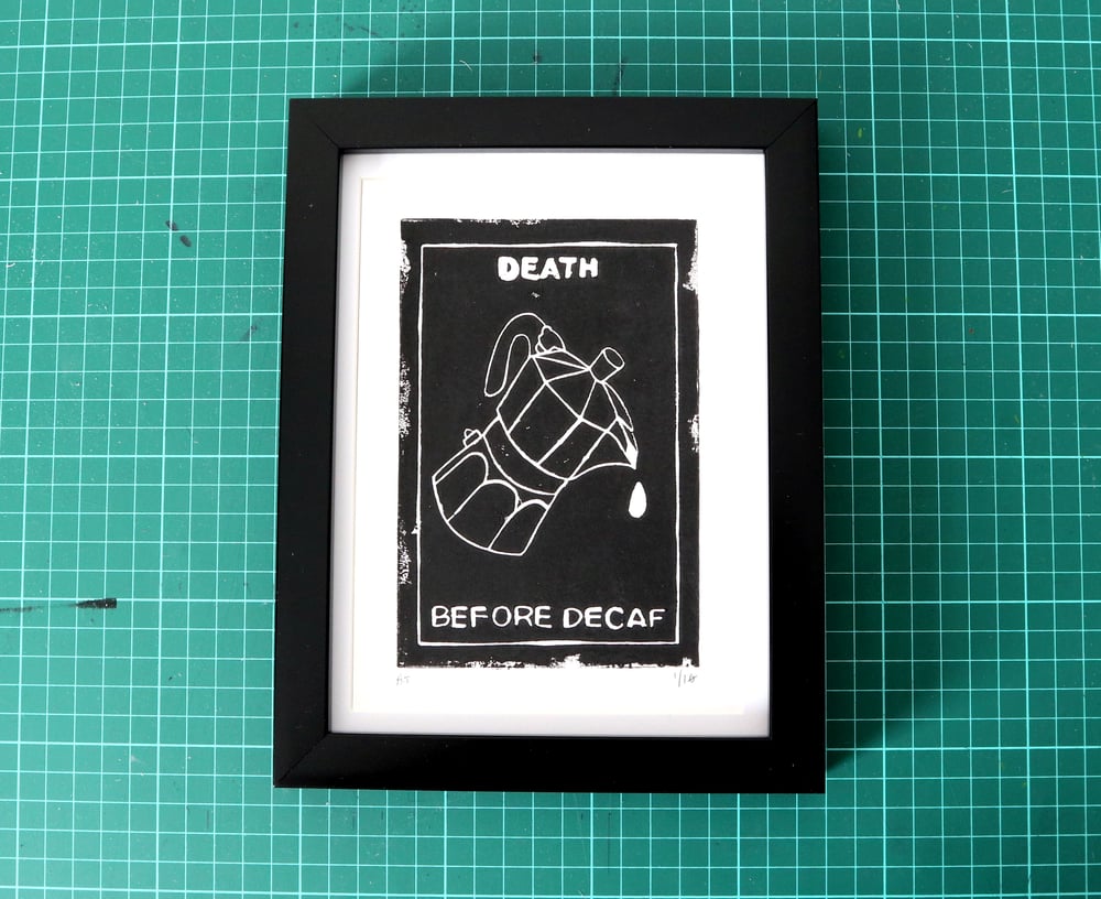 Death Before Decaf Linocut Print