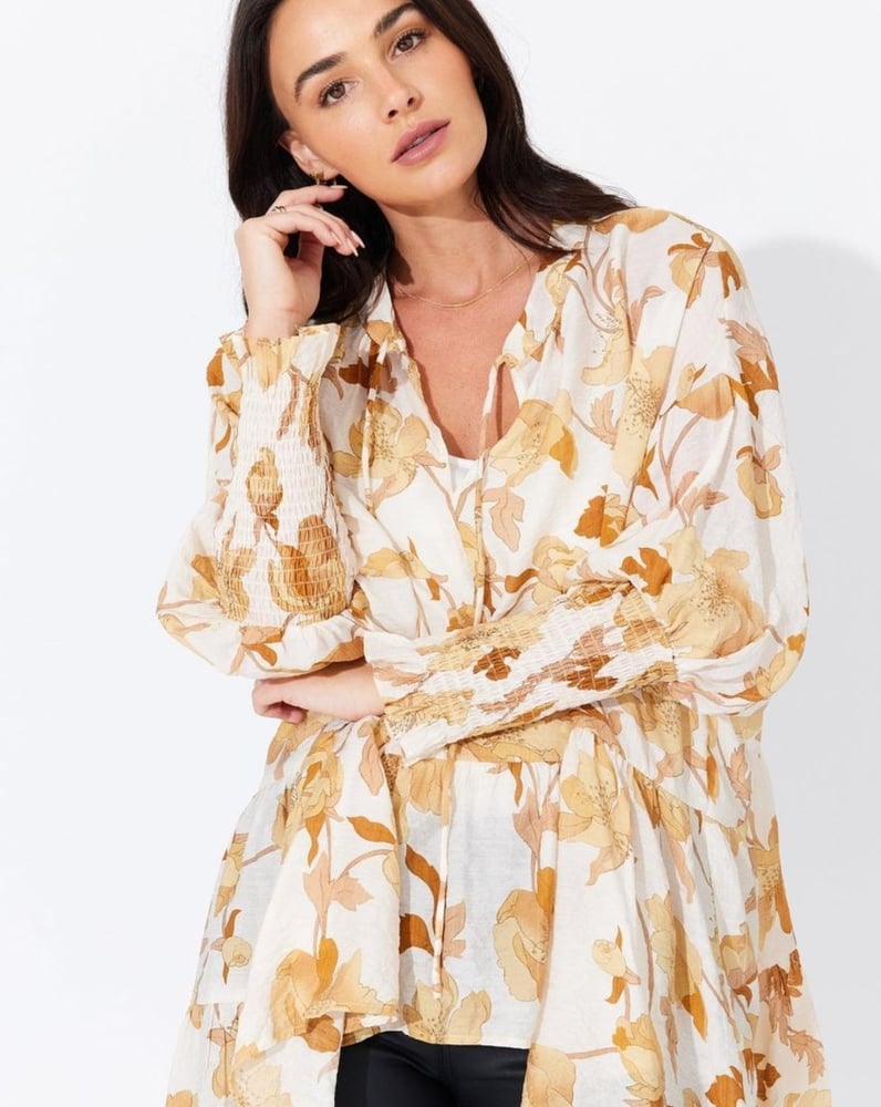 Image of Elena Top. Enchanted  Print. Yellow . By Jatea the Label.