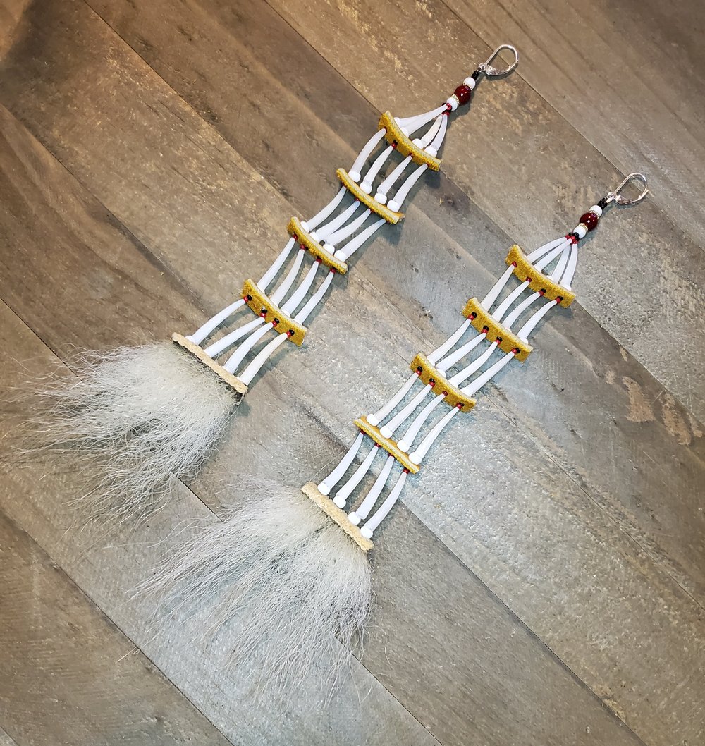 Image of Dentalium Earrings with Genuine Polar Bear Fur & Moosehide